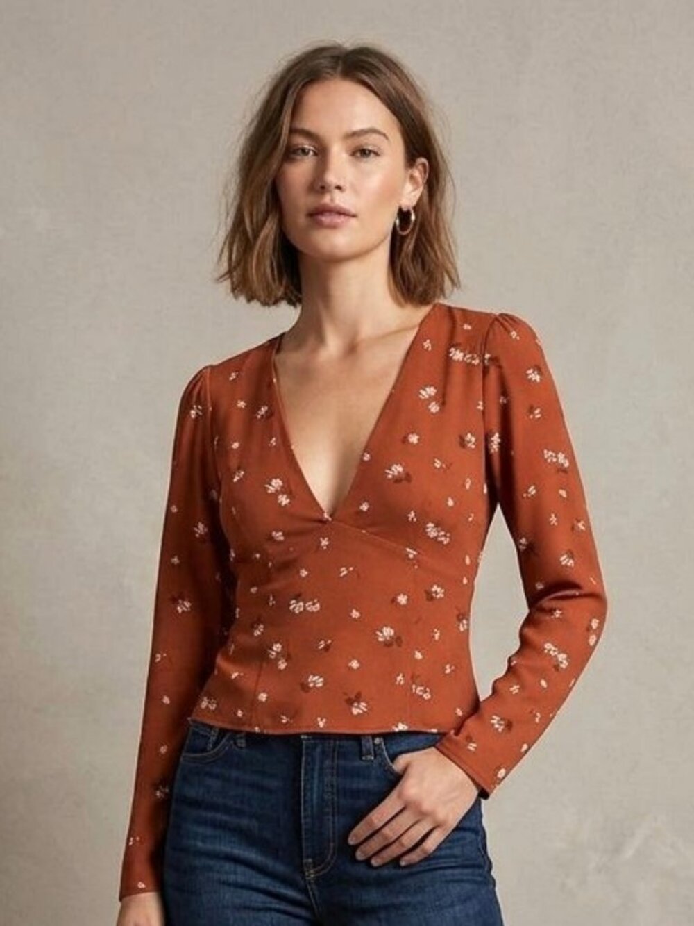 Abercrombie & Fitch v-neck long sleeve rust top, size S
